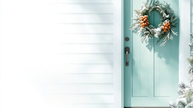 A serene winter entrance featuring a mint green door adorned with a festive wreath and surrounding snowy decorations