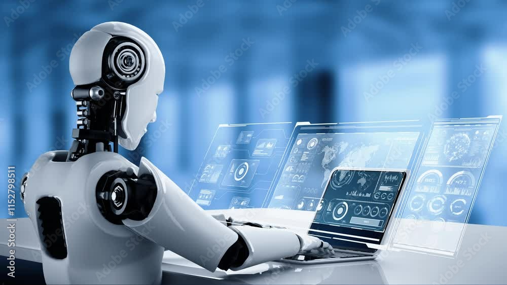 Poster robot hominoid use laptop and sit at table for big data analytic using ai thinking brain , artificia