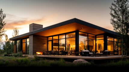 Obraz premium Modern architectural design of a luxurious home at dusk, showcasing expansive windows and inviting outdoor spaces surrounded by nature.