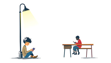 Fototapeta premium “Illustration on Education Inequality” – A design showing a child reading under a streetlight while another sits in a classroom, symbolizing unequal access to education, on a white background. 