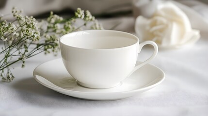 Fototapeta premium A simple white porcelain teacup with a saucer, placed on a white table