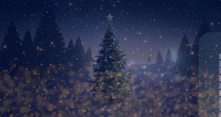 Naklejka premium Image of snow falling and light spots over christmas tree and winter landscape
