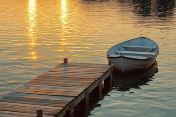 Naklejka premium Serene Sunset: Rowboat Moored at Wooden Dock