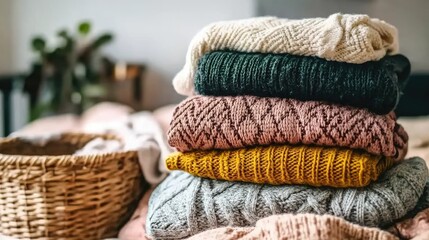 Cozy Stack of Warm Knitted Sweaters on Bed with Natural Decor