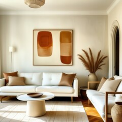 Interior design, cozy living room, arched doorway, white walls, modern minimalist, curved sofa, round coffee table, abstract wall art, pampas grass, natural light, warm tones, textured rug, wood accen