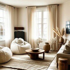 Cozy modern living room, neutral color palette, textured beige walls, large windows with sheer curtains, organic shaped furniture, oversized round woven pendant light, minimalist decor, natural materi