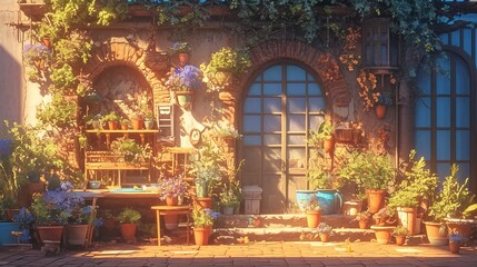 Obraz premium Sunlit courtyard with plants, stone walls, and arched windows.