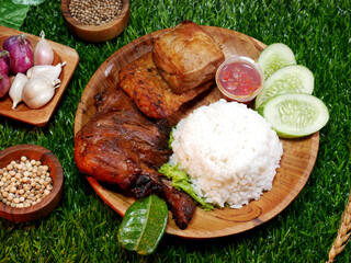 Nasi Campur is a traditional Indonesian food, consisting of white rice, grilled chicken, tofu, tempeh, chili sauce, and fresh cucumber, on a wooden plate on a synthetic grass base.