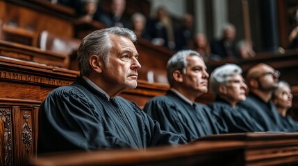 Obraz premium Judges in Deliberation Inside a Constitutional Courtroom Setting with Serious Expressions