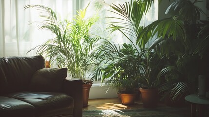Fototapeta premium Elegant Indoor Living Room with Lush Green Plants and Natural Lighting for a Cozy Atmosphere