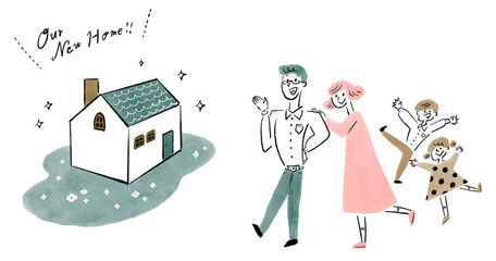 夢のマイホームを手に入れて幸せそうな4人家族の手描きイラスト