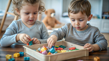 Children playing and organizing colorful building blocks in a bright playroom