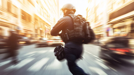 Police Officer Running Through City Streets in Action During Daytime Emergency Response
