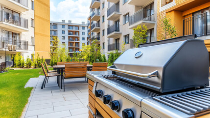 Modern Outdoor BBQ Area in Upscale Apartment Building with Green Landscape