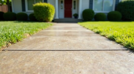 Obraz premium A sun-drenched walkway leading to a house with vibrant green lawn and neatly trimmed shrubs