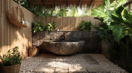 Obraz premium Serene Outdoor Bathroom Design with Natural Elements and Stone Features