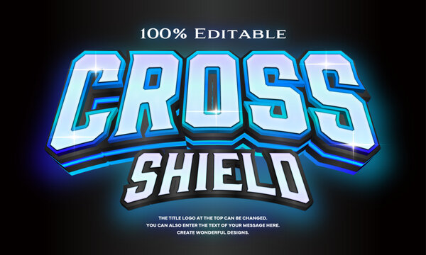 &rdquo;Cross SHIELD&rdquo; Editable title logo text style effect that looks like a three-dimensional neon sign with light blue and blue gradation gradation lines on the side, sans serif typeface
