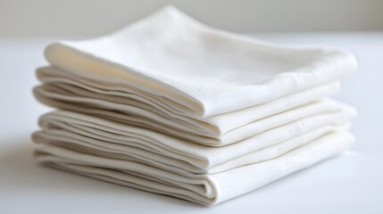 A stack of linen napkins folded neatly, resting on a white table