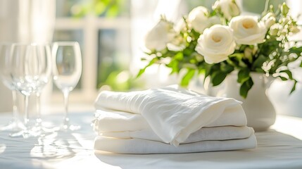 A stack of linen napkins folded neatly, resting on a white table