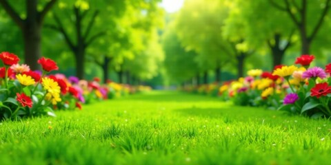 Fototapeta premium Vibrant Flowerbeds Lining a Lush Green Meadow Path Under a Sunny Sky