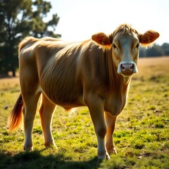 Fototapeta premium Stunning Young Golden Cow in a Lush Meadow