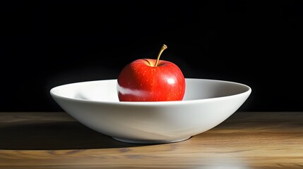A single red apple sitting in the center of a white bowl