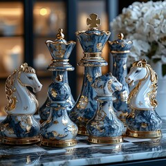 Exquisite porcelain chess set with gold accents. Elegant design for display or sophisticated gameplay. Perfect gift for chess enthusiasts.