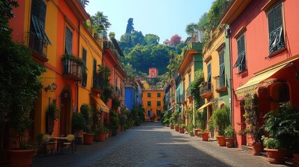 Fototapeta premium A vibrant street lined with colorful buildings and lush greenery, creating a charming atmosphere.
