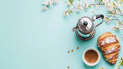 vibrant morning setup featuring coffee pot, croissant, and flowers. Enjoy delightful breakfast experience
