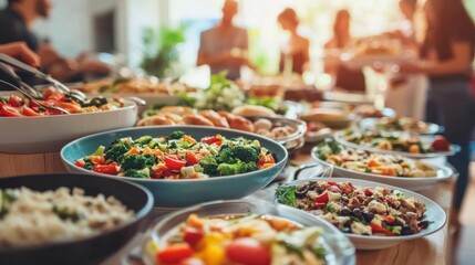 Fototapeta premium Vibrant and Colorful Buffet Style Dining Table Filled with Healthy Salads, Fresh Vegetables, and Tasty Dishes Surrounded by Happy People Enjoying a Meal Together