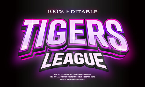 &rdquo;Tigers LEAGUE&rdquo; Editable title logo text style effect that looks like a three-dimensional neon sign with pink and purple and pink gradation gradation lines on the side, sans serif typeface
