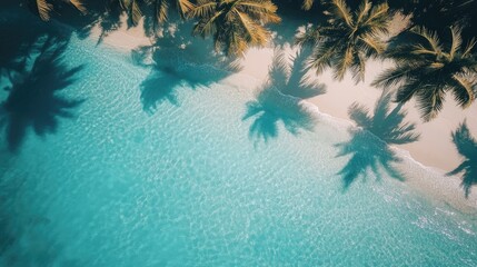 Aerial View of Tropical Beach with Palm Tree Shadows and Waves