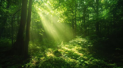 Obraz premium Sunbeams Illuminating a Mystical Forest