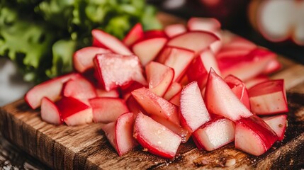 Close up sliced Rhubarb on wooden board