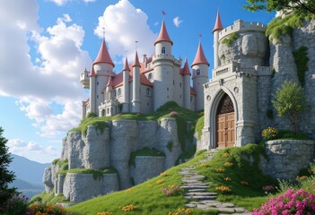 Fairytale Castle on Clifftop Scenic View Stone Steps Spring Flowers
