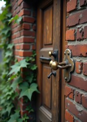 Antique Brass Door Handle on Brick Wall Rustic Door Detail