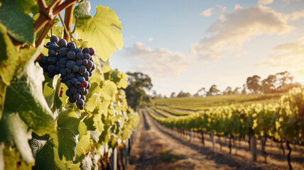 picturesque vineyard at sunset with rows of grapevines and ripe grapes