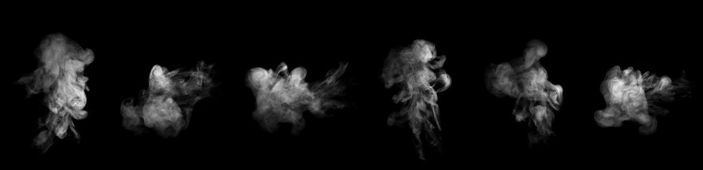 Close-up photo set of abstract white smoke or vapor floating on black background. Fog and clouds effect for design. Smog elements.