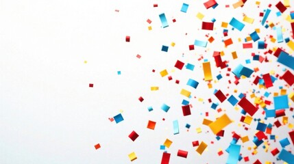 Vibrant confetti celebration a cascade of colorful squares and rectangles falling against a bright white background, signifying joy and festivity