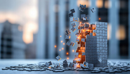 Falling puzzle pieces create glowing structure in urban setting