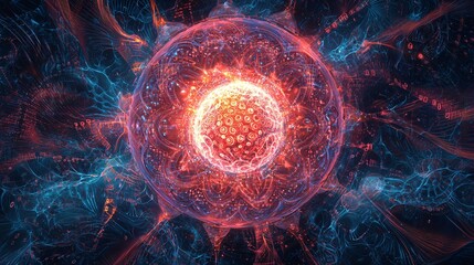 Abstract Energy Orb Digital Art Red Blue Futuristic Technology Network Data Flowing Lines Glowing