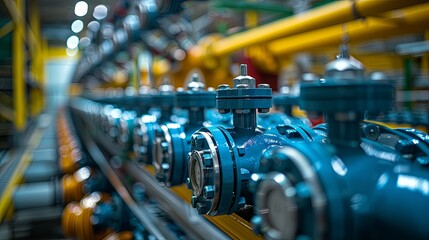 Close-up of Industrial Blue Valves in a Refinery or Plant Setting