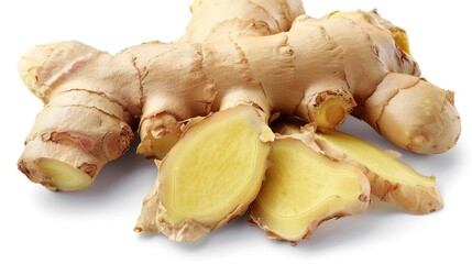 Fresh ginger lying gracefully on a clean white background, Its natural shape and texture vividly shown, Ideal for various culinary or decorative uses, A simple yet appealing display of ginger.