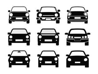 Fototapeta premium Collection of silhouette car icons. Black and white car vector set. Car front view silhouettes. 