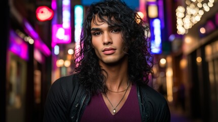 Young Man with Curly Hair Posing in Vibrant Urban Alley at Night Captured in Neon Lights, Creating a Lively and Engaging Atmosphere in a Fashionable Setting