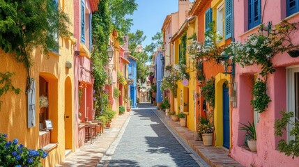 A vibrant street lined with colorful houses and blooming plants in a picturesque setting.