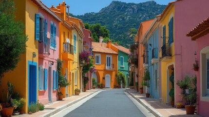 Fototapeta premium A vibrant street lined with colorful houses and lush greenery, inviting exploration.