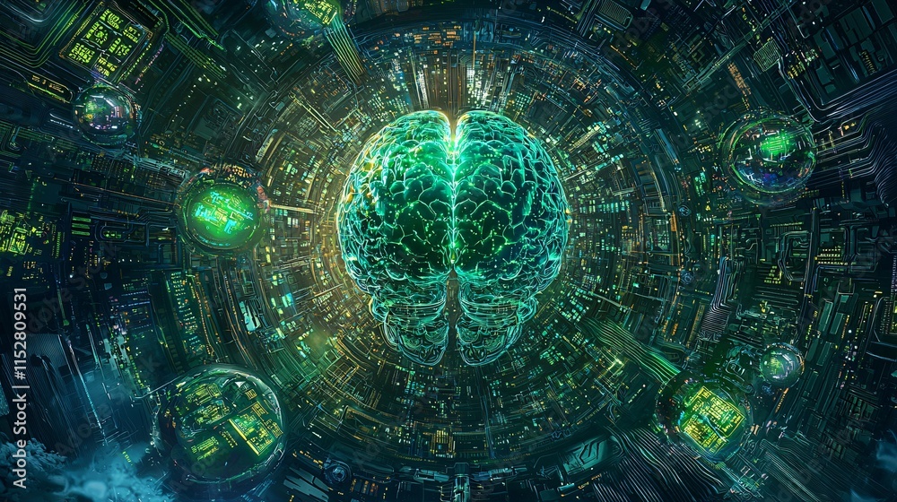 Wall mural futuristic brain ai neural network technology circuitry digital mind green abstract background