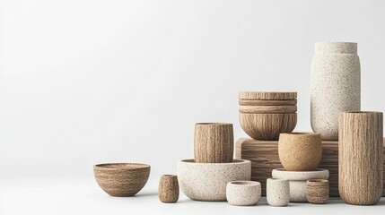 Fototapeta premium Stylish arrangement of ceramic and wooden pots showcasing minimalist design elements in a bright and airy setting