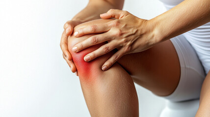 Fototapeta premium Knee pain relief with hands on painful knee, isolated on white background